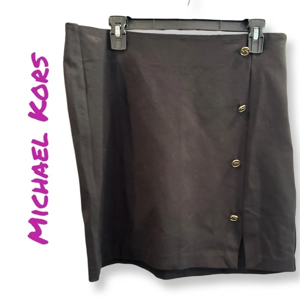 MICHAEL KORS Women's Black Skirt with Front Slit and Gold MK Buttons.